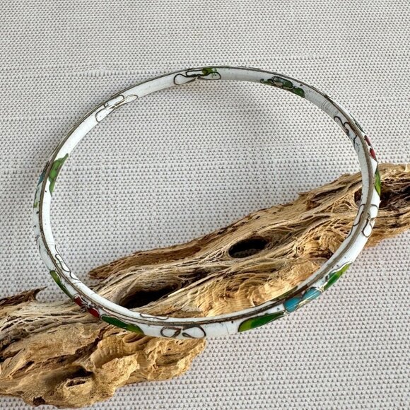 Vintage Cloisonne Bangle White With Floral Design 8" - Picture 1 of 6